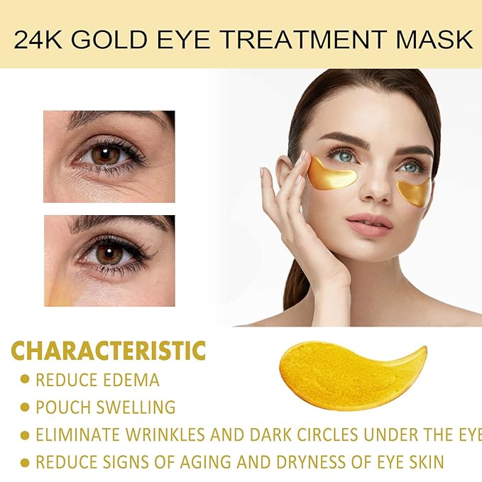 24k Gold Under Eye Patches, 60 Pcs Eye Gels, Anti-Aging Collagen Hyaluronic Acid Under Eye Mask, Under Eye Mask for Dark Circles and Puffiness, Eye Bags, Wrinkles-FemmiqueWomen