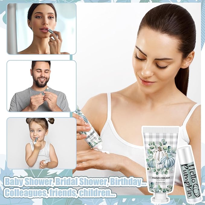 144 Pcs Fall Lip Balm Hand Cream Set Party Favors, Include 36 Blue Pumpkin Lip Balm 36 Moisturizing Hand Cream 36 Bags 36 Cards and Ropes for Autumn Accessories Gifts-FemmiqueWomen