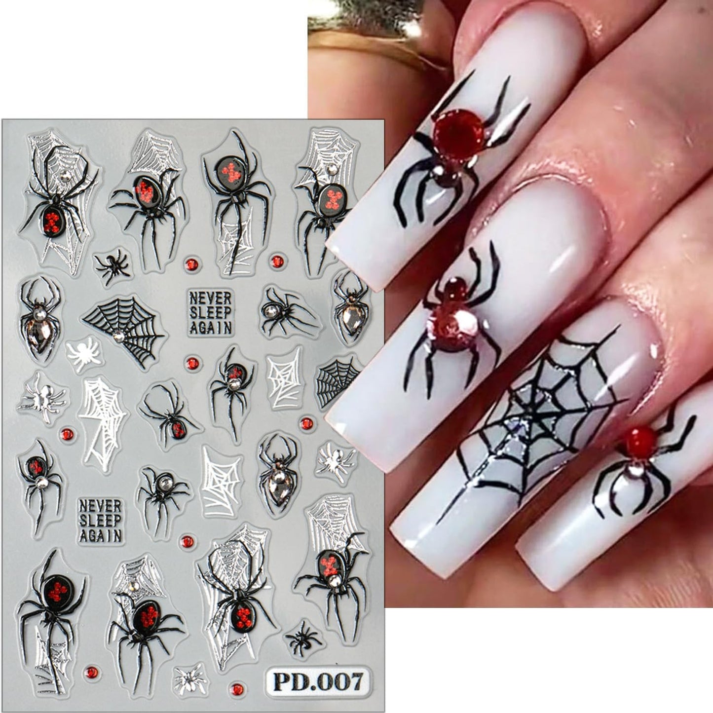 2 Sheets Spider Nail Decals for Nail Art Embossed Halloween Nail Stickers with Rhinestones Designs 5D Horror Spider Nail Art Stickers Self-Adhesive Halloween Holiday Nail Supplies for Women-FemmiqueWomen