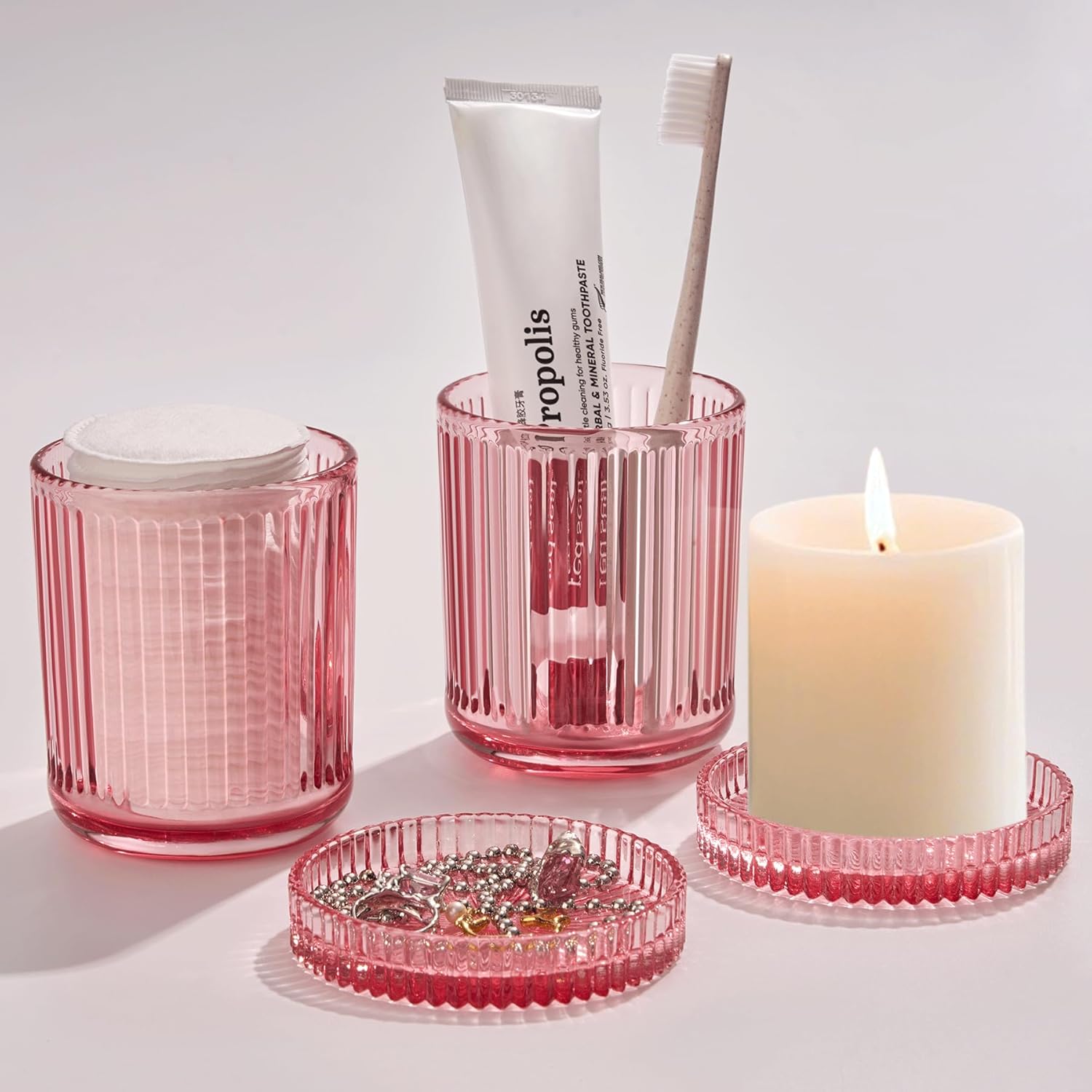 2 Pack Qtip Holders for Bathroom, Clear Glass Apothecary Jars with Lids,Vintage Bathroom Canisters for Cotton Balls,Swabs,Floss Picks,Hair Ties,Vanity Organizer and Storage Decor (Pink)-FemmiqueWomen