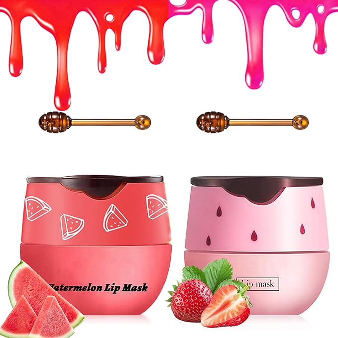 2 PCS Bee Lip Balm Honey Pot, Strawberry & Watermelon Lip Sleeping Masks Overnight, Hydrating Prevention Dry and Cracked Lip Scrubs Exfoliator Lip Care, Reduces Lip Lines-FemmiqueWomen