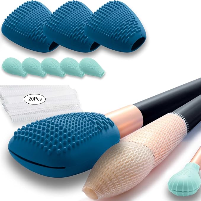Silicone Travel Make-up Brush Holder with Cleaner Mat Pad, Organizer Case Covers for Foundation Eye Lip Brushes Storage Cleaning, Gift for Women Girl-Friend Mother Wife, 3-Pcs Large + 5 Small, Blue-FemmiqueWomen