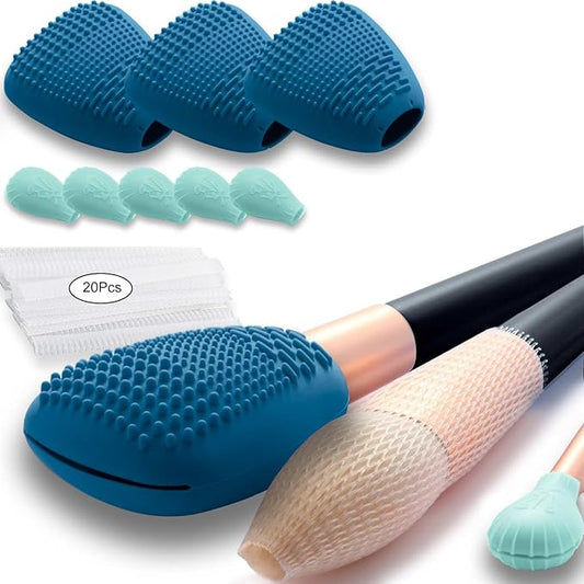 Silicone Travel Make-up Brush Holder with Cleaner Mat Pad, Organizer Case Covers for Foundation Eye Lip Brushes Storage Cleaning, Gift for Women Girl-Friend Mother Wife, 3-Pcs Large + 5 Small, Blue-FemmiqueWomen