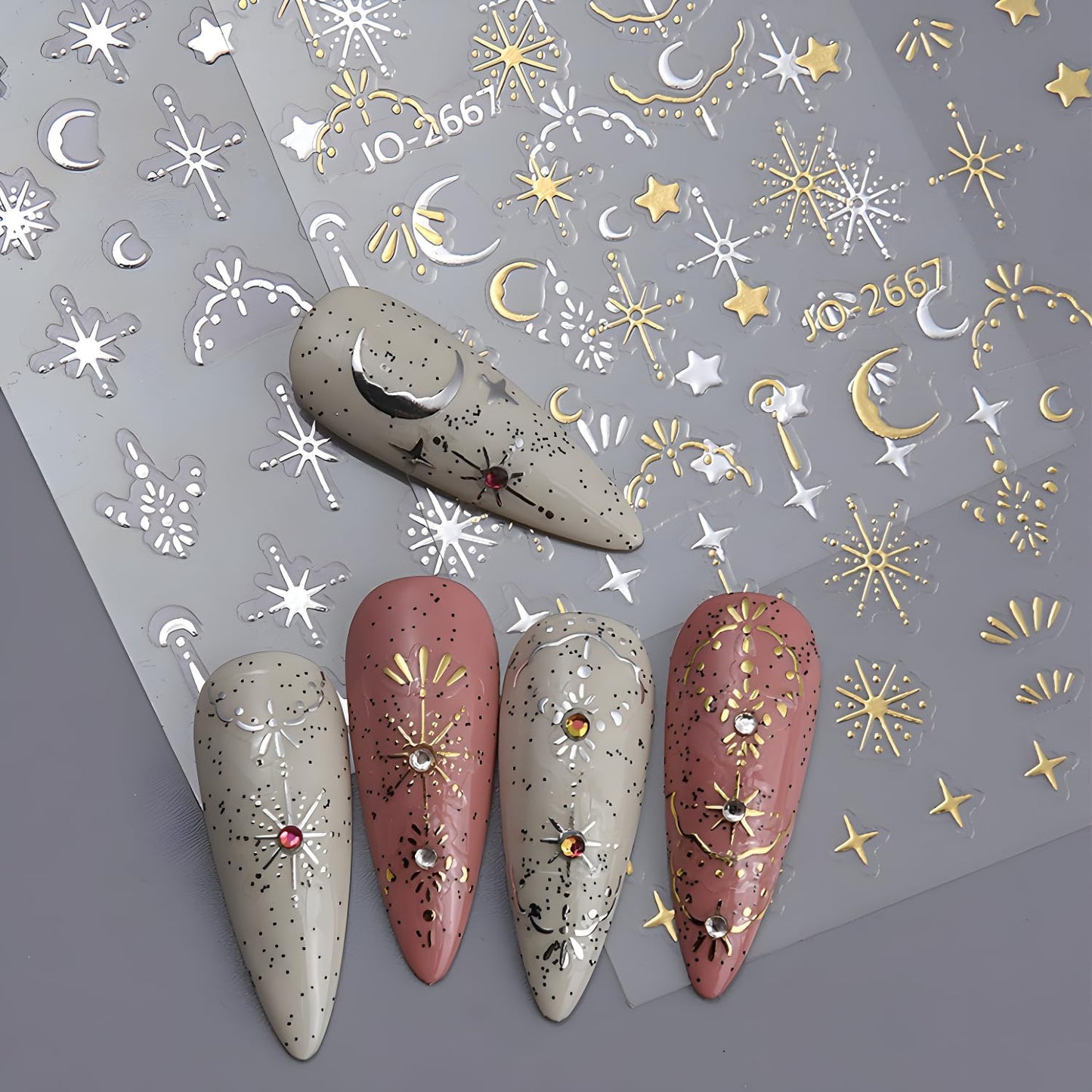 12 Sheets Silver Gold Moon Star Nail Art Stickers - 3D Self Adhesive Decals for Design and Decoration - Supplies Accessories for Women-FemmiqueWomen