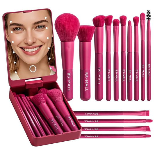 BS-MALL Travel Makeup Brush Set Foundation Powder Concealers Eye Shadows Makeup Set with LED light Mirror 14 Pcs (HotPink)-FemmiqueWomen