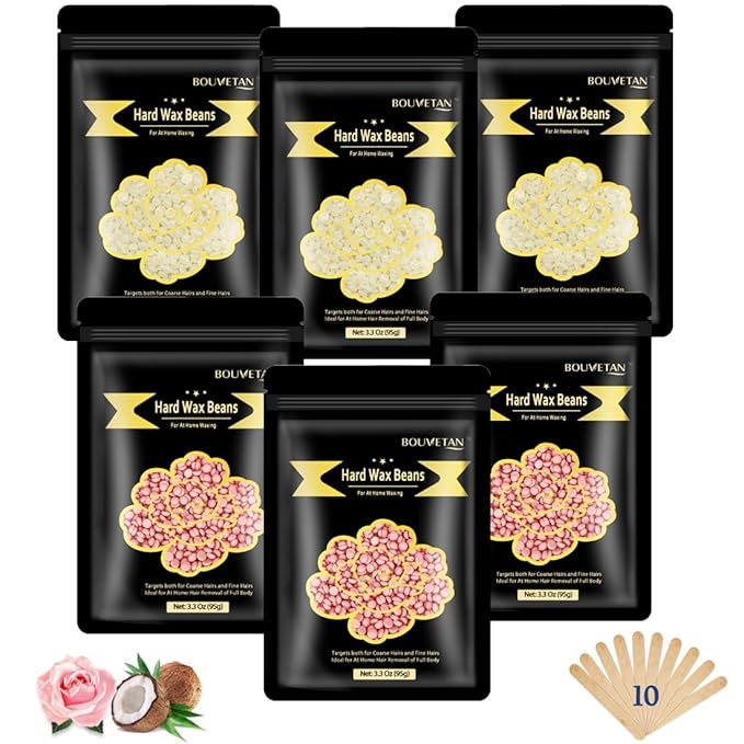 1.3Lb/21oz Hard Wax Beads for Hair Removal, Bouvetean Wax Beans for Bikini, Eyebrow, Face, Legs, Full Body Sensitive Skin Waxing with 10pcs Wax Spatulas (Pack of 6)-FemmiqueWomen