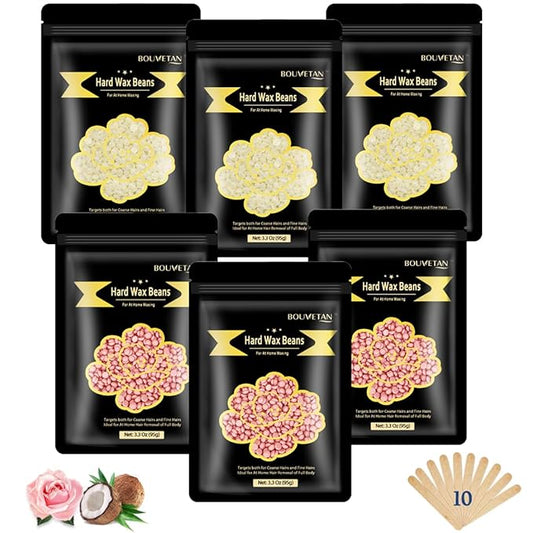 1.3Lb/21oz Hard Wax Beads for Hair Removal, Bouvetean Wax Beans for Bikini, Eyebrow, Face, Legs, Full Body Sensitive Skin Waxing with 10pcs Wax Spatulas (Pack of 6)-FemmiqueWomen