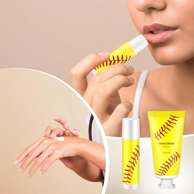 144 Pcs Softball Lip Balm Hand Cream Set Softball Accessories Softball Party Favors Including 36 Softball Lip Balm 36 Moisturizing Hand Cream 36 Bags 36 Softball Cards and Ropes for Kids Gifts-FemmiqueWomen