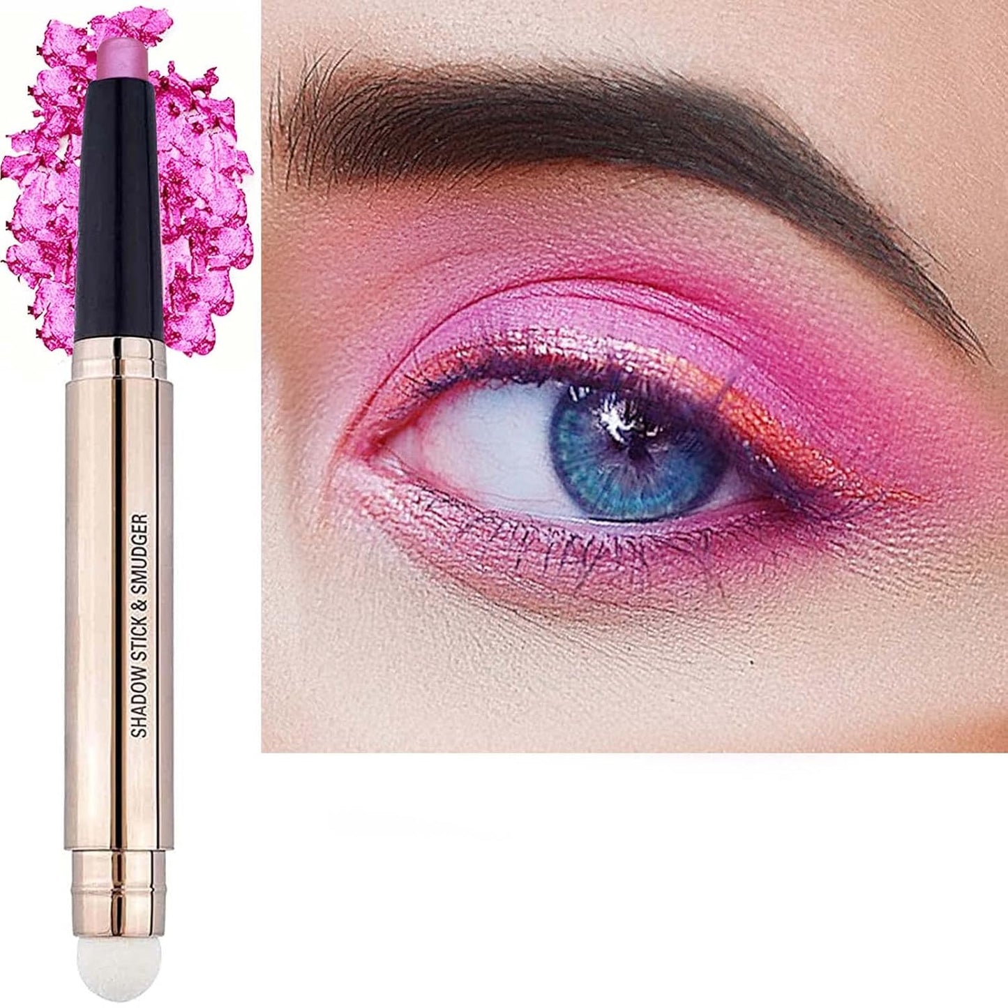 2 in 1 Eyeshadow Stick - Cream Smooth Shimmer Hot Pink Eyeshadow Pencil, Hypoallergenic Waterproof Long Lasting Multi-Dimensional Eye Shadow Highlighter Stick Makeup Eyeliner Pen (Shimmer #13)-FemmiqueWomen