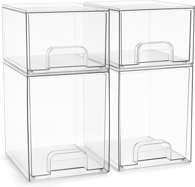 Sorbus Acrylic Storage Containers - 4 Pack, Stackable Storage Bins Set for Bathroom Organization - Clear Acrylic Drawer Organizers - Makeup Case Pull-Out Drawers (7.6’’ and 4.4’’ Tall)-FemmiqueWomen