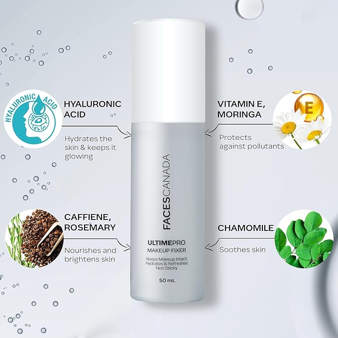Faces Canada UltimePro Makeup Fixer Spray | Keeps Makeup Intact & Long-Lasting | Hydrating, Non-Sticky Mist for Fresh Finish | Lightweight & Refreshing | 1.69 Fl Oz (50ml)-FemmiqueWomen