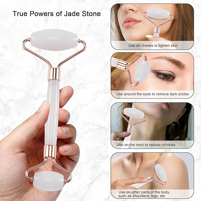 Jade Roller for Face, Facial Roller Massager Skin Care Tool, Gua Sha Facial Tools for Face, Neck, Eyes, Reduce Puffiness of The Skin - White-FemmiqueWomen