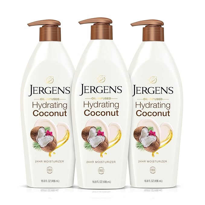 Jergens Hydrating Coconut Body Lotion, Hand and Body Moisturizer, Infused with Coconut Oil, Hydrates Dry Skin Instantly, Dermatologist Tested, 16.8 oz, Pack of 3-FemmiqueWomen