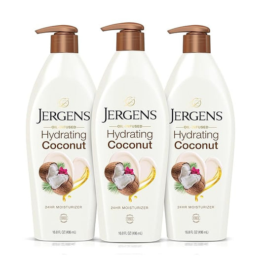 Jergens Hydrating Coconut Body Lotion, Hand and Body Moisturizer, Infused with Coconut Oil, Hydrates Dry Skin Instantly, Dermatologist Tested, 16.8 oz, Pack of 3-FemmiqueWomen