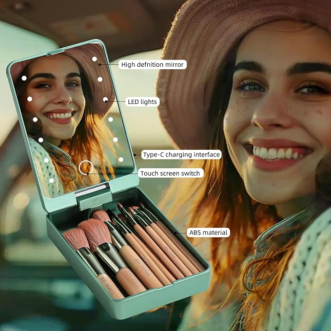 BS-MALL Travel Makeup Brush Set Foundation Powder Concealers Eye Shadows Makeup Set with LED light Mirror 14 Pcs (Green)-FemmiqueWomen