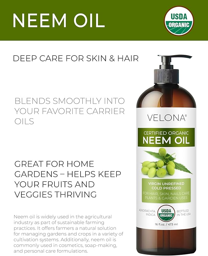 velona Neem Oil USDA Certified Organic - 16 Fl Oz | 100% Pure and Natural Carrier Oil | Virgin, Unrefined, Cold Pressed | Hair, Body and Skin Care | Use Today - Enjoy Results-FemmiqueWomen