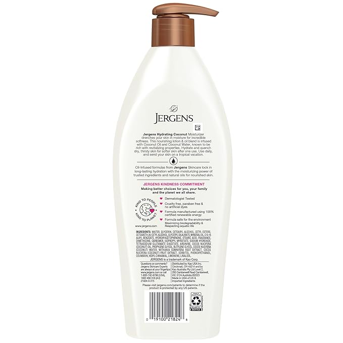 Jergens Hydrating Coconut Body Lotion, Hand and Body Moisturizer, Infused with Coconut Oil, Hydrates Dry Skin Instantly, Dermatologist Tested, 16.8 oz, Pack of 3-FemmiqueWomen