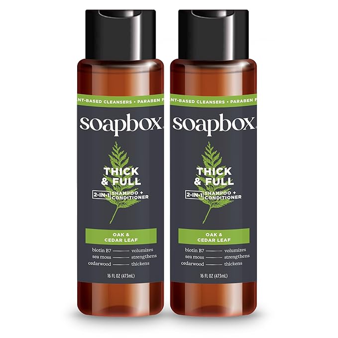 Soapbox Men's Thick and Full 2 in 1 Shampoo and Conditioner Men, Natural Mens Shampoo and Conditioner, Oak & Cedar Leaf, 16oz