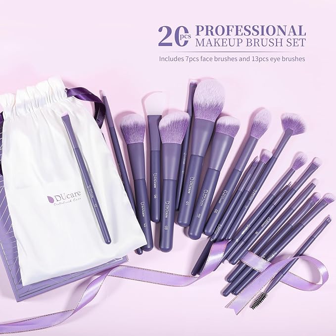 DUcare Makeup Brushes Set Professional 20pcs Vegan Make Up Brushes, Foundation Eyeshadow Concealer Contour Powder Blush Blending Eyeliner Brush with Silicone Face Mask Brush Purple-FemmiqueWomen