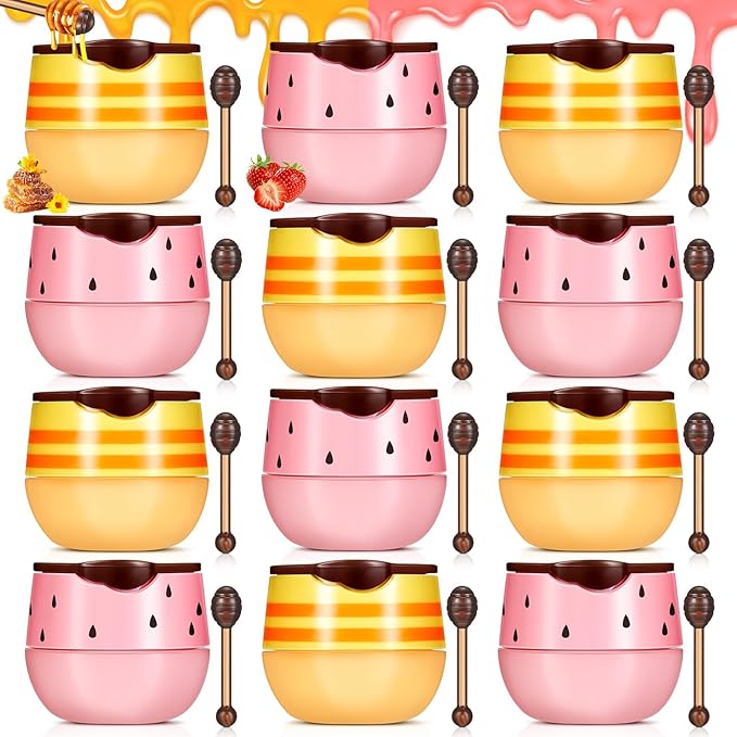 12 Pcs Bee Lip Balm Honey Pot with Brush Propolis Lip Mask Overnight, Moisturizing Hydrating Lip Sleeping Mask Prevention Dry and Cracked(Honey+Strawberry)-FemmiqueWomen