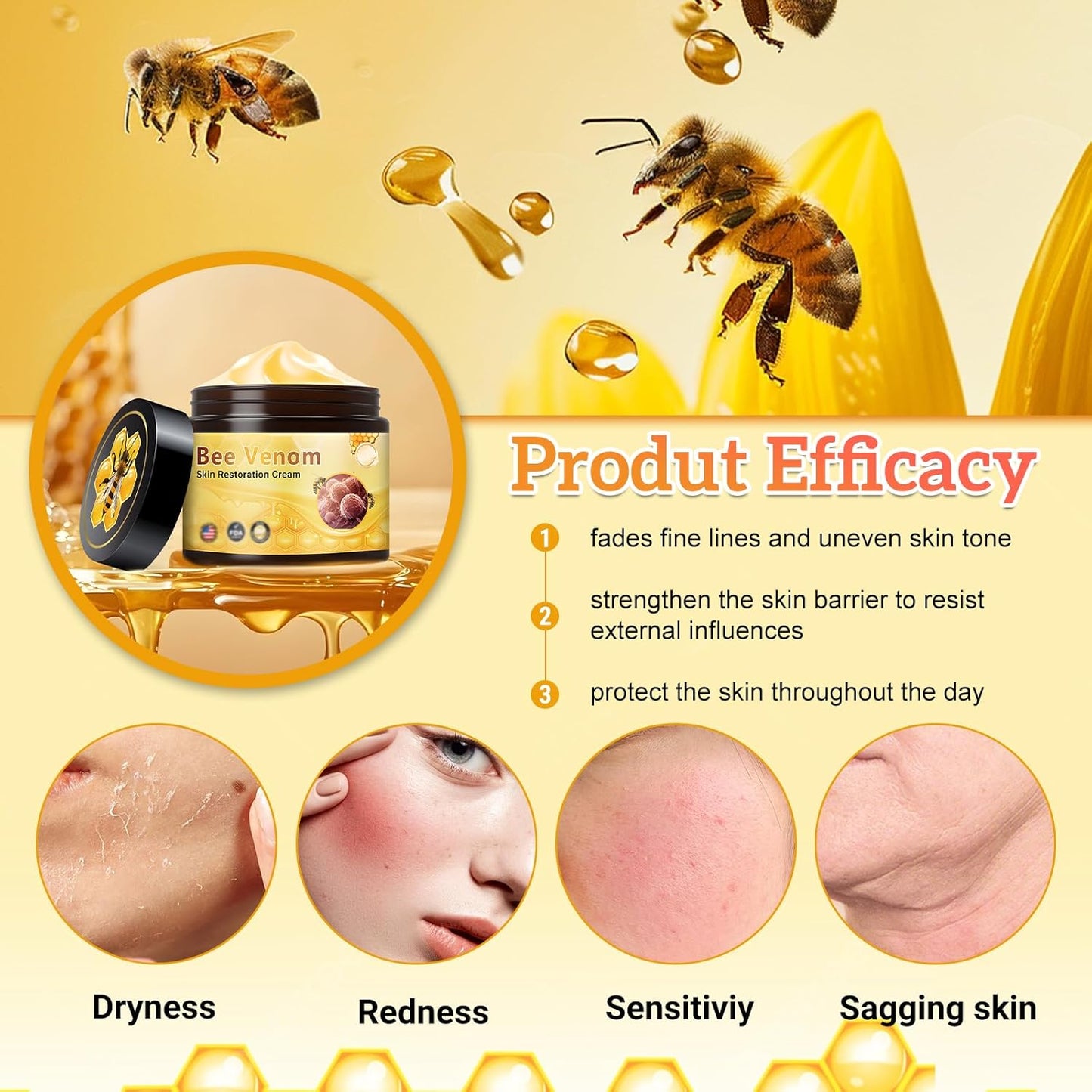 2Pcs Bee Venom Skin Restoration Cream, Professional Bee Venom Comprehensive Skin Treatment Cream, for Firming, Wrinkle Reduction & Moisturizing, Natural Serum for All Skin Types-FemmiqueWomen