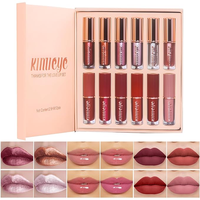 12Pcs Liquid Lipstick Makeup Set, Shades with 4Pcs Metallic Color Lipstick, 4Pcs Hydrating Lip Oil and 4Pcs Longwear Waterproof Matte Lipstick Gift Kit for Women (SET C)-FemmiqueWomen