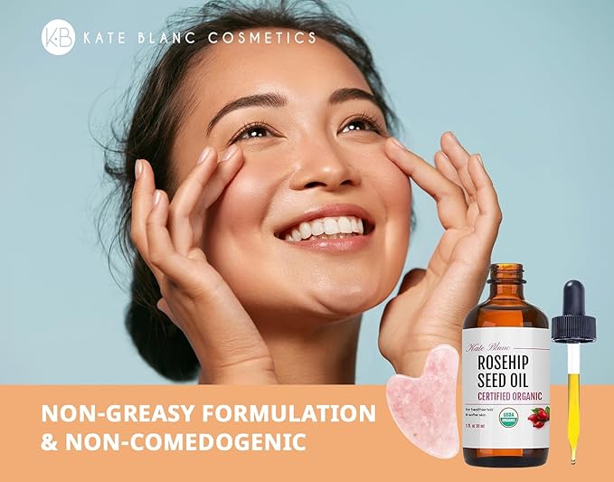 Kate Blanc Cosmetics Rosehip Oil for Face with Pink Gua Sha Stone (1oz, Organic, Pure, Cold Pressed) Rosehip Seed Face Oil for Gua Sha Massage-FemmiqueWomen