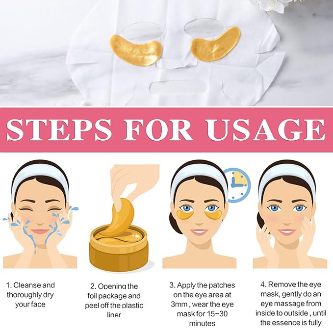 30 Pairs 24K Gold Under Eye Mask,Moisturising Under Eye Patches for Women,Crystal Collagen Eye Gel Pads for Reducing Fine Lines,Puffy Eyes and Dark Circles Under Eye Bags Treatments(Gold)-FemmiqueWomen