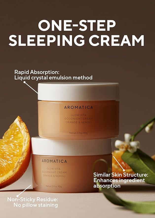 AROMATICA Glow Vita Goodnight Cream Orange & Neroli 3.1fl oz/90g - Night Cream Moisturizer For Face & Neck | Anti Aging Wrinkle Cream with Vitamin C, 5% Niacinamide-FemmiqueWomen
