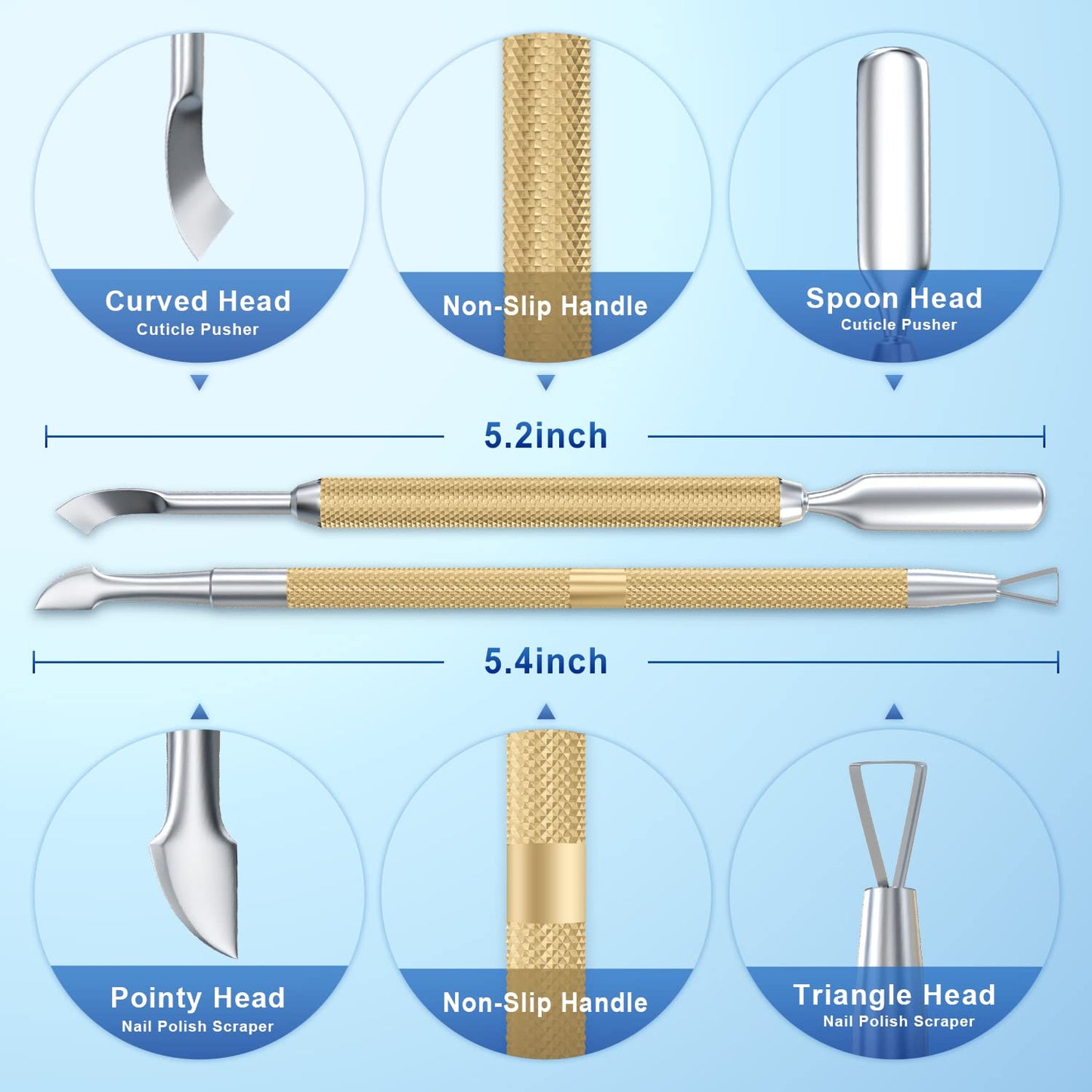 2PCS Metal Champagne Gold Cuticle Pusher and Cutter Remover Salon Quality Stainless Steel Gel Nail Polish Peeler Scraper Durable Manicure and Pedicure Cleaner Tool For Fingernail and Toenail-FemmiqueWomen