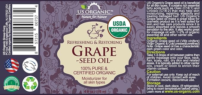 US Organic Grape Seed Oil, USDA Certified Organic, 100% Pure & Natural, Cold Pressed Virgin, Unrefined, in Amber Glass Bottle w/Glass Eye dropper for Easy Application (4 oz (115 ml))-FemmiqueWomen