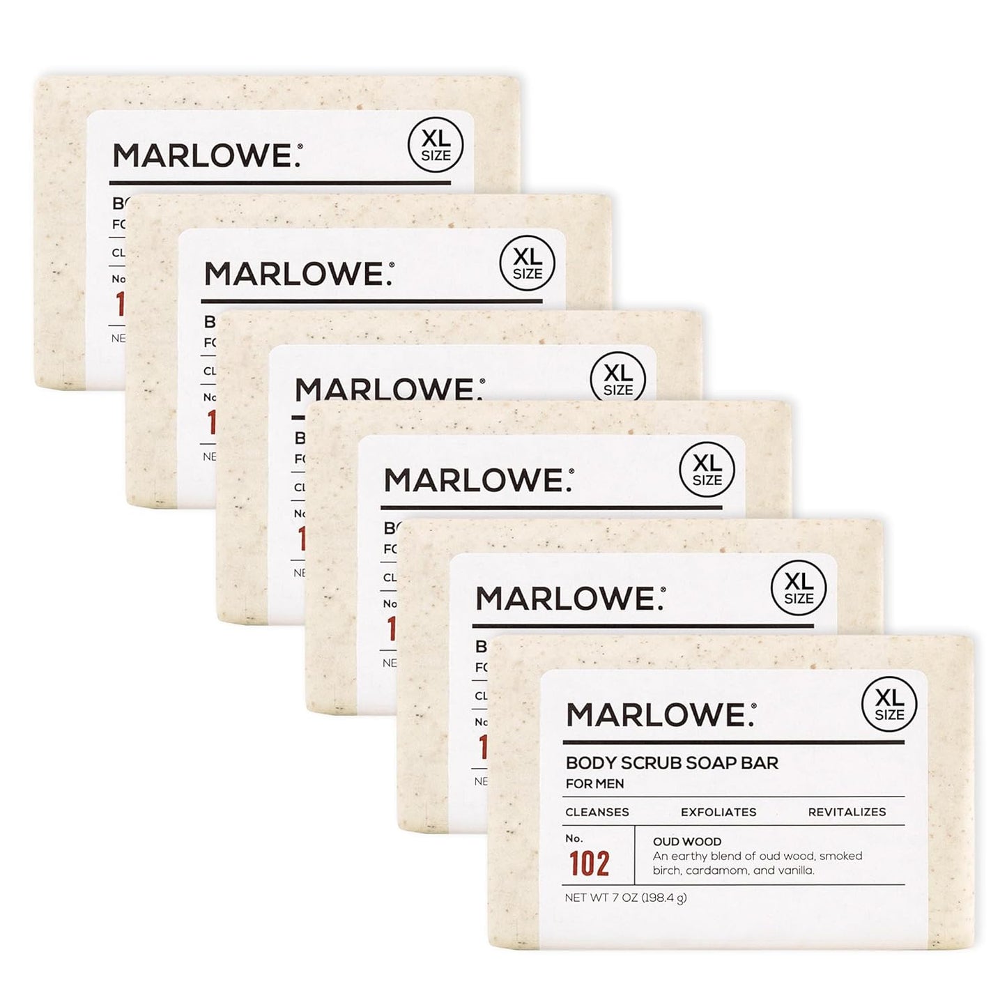MARLOWE. No. 102 Body Scrub Soap 7 oz (6 Bars), Oud Wood, Exfoliating Soap Bar with Shea Butter, Olive Oil & Green Tea Extracts, Cleanses, Smooths & Revitalizes Skin, Earthy & Smoky Scent-FemmiqueWomen