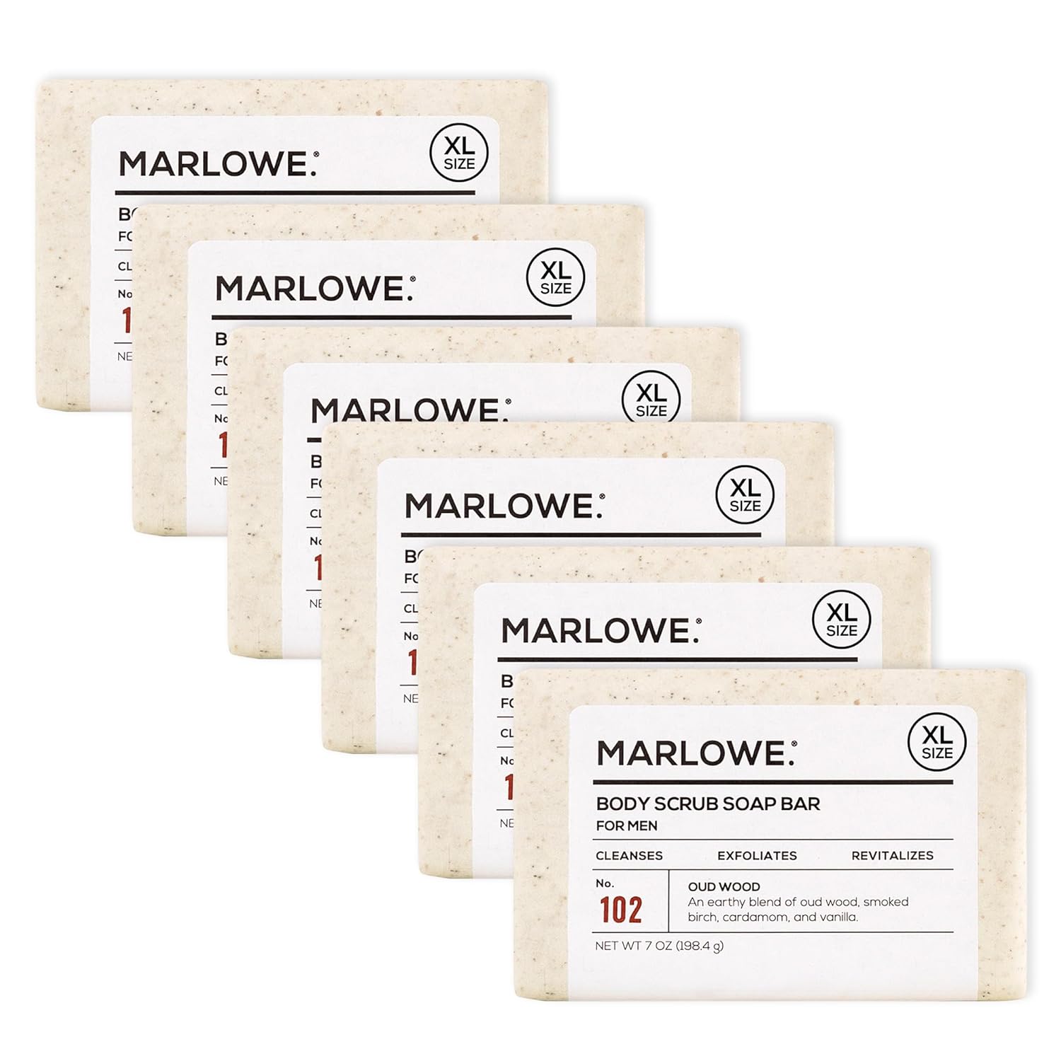 MARLOWE. No. 102 Body Scrub Soap 7 oz (6 Bars), Oud Wood, Exfoliating Soap Bar with Shea Butter, Olive Oil & Green Tea Extracts, Cleanses, Smooths & Revitalizes Skin, Earthy & Smoky Scent-FemmiqueWomen