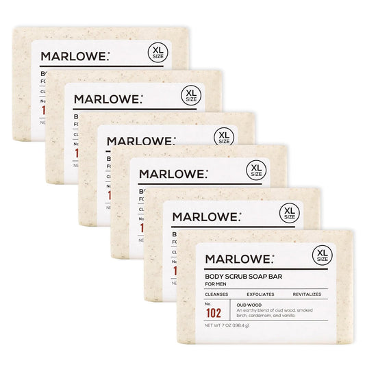 MARLOWE. No. 102 Body Scrub Soap 7 oz (6 Bars), Oud Wood, Exfoliating Soap Bar with Shea Butter, Olive Oil & Green Tea Extracts, Cleanses, Smooths & Revitalizes Skin, Earthy & Smoky Scent-FemmiqueWomen