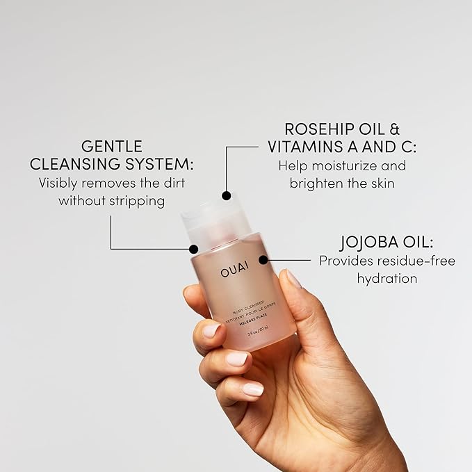 OUAI Body Cleanser Travel Size, Melrose Place - Foaming Body Wash with Jojoba Oil & Rosehip Oil to Hydrate, Balance & Soften Skin - Paraben, Phthalate, Sulfate Free Skin Care Products (3 Fl Oz)-FemmiqueWomen