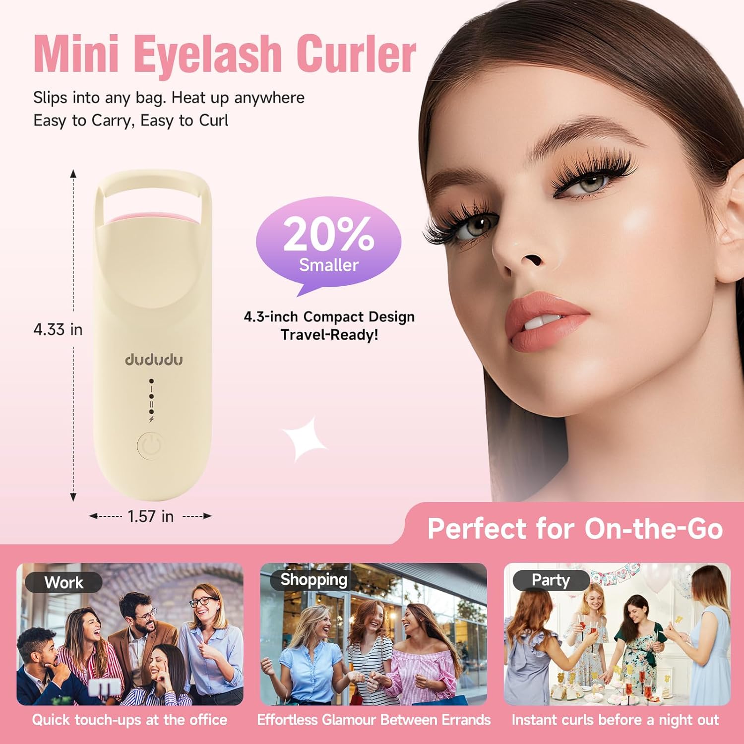 DUDUDU Heated Eyelash Curler, Portable Travel-Size Mini Electric Heated Lash Curler - 2-Level Adjustable Temp & Type-C Recharge, 10S Heat 3S Style 24H Lift for Long-Lasting Natural Effortless Curves-FemmiqueWomen