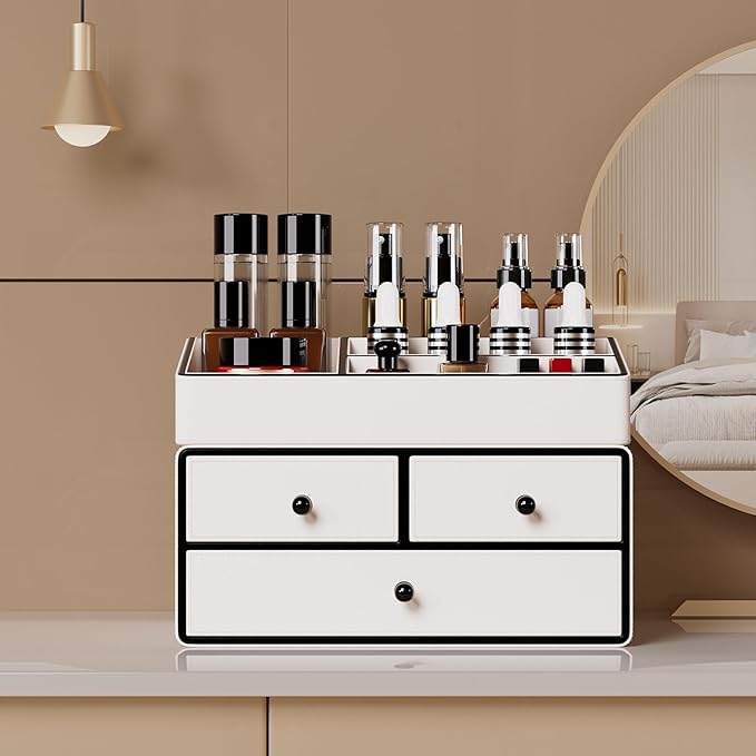 GORESE Leather Makeup Organizer with Drawers for Vanity, Stackable Skincare Holder Dresser Organizer Countertop, Make Up Storage Organizers Counter Cosmetic Display Case Gifts for Women(Cream White)-FemmiqueWomen