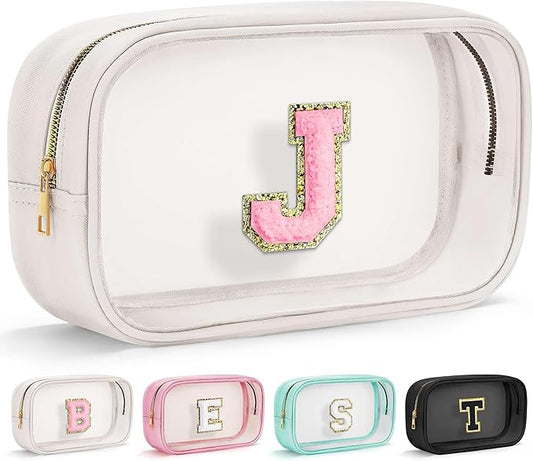 YOOLIFE Initial Make Up Bag Travel Toiletry Bag, Clear Makeup Bag Preppy Cosmetic Bags Organizer Travel Essentials Gifts for Women Teen Girlfriend Teacher Mom Brithday Mothers Day Gifts, Large, White-FemmiqueWomen