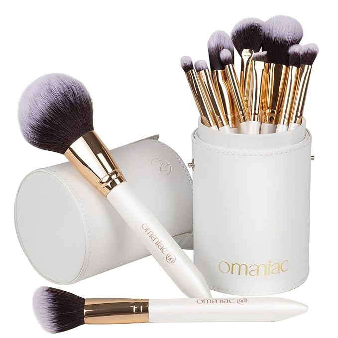 OMANIAC Makeup Brush Set Professional, 12 Pearlescent Wood Handle Makeup Brushes, Premium Cruelty-Free Synthetic Fiber Hair, Travel Make up Brushes Set with Case (White).-FemmiqueWomen