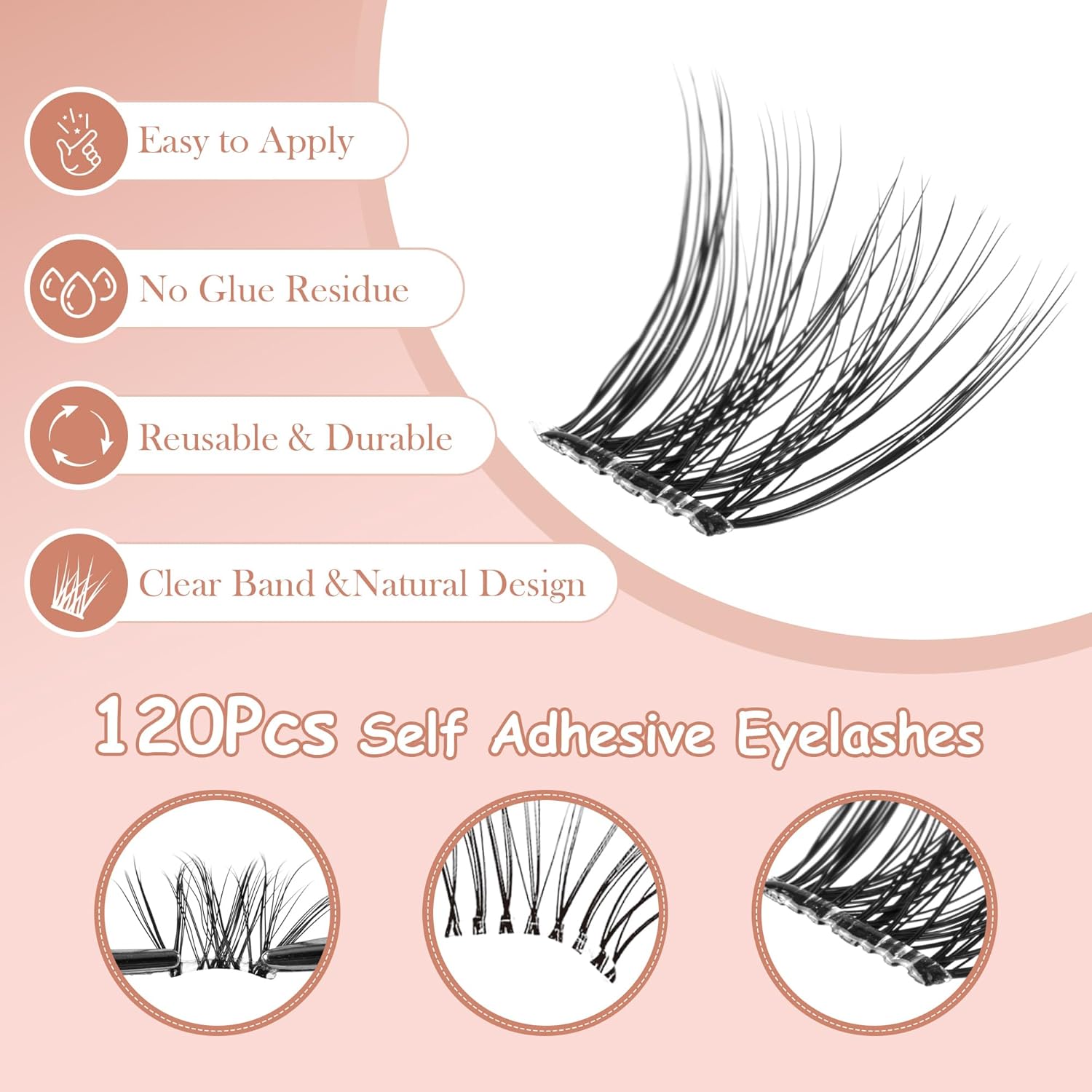 Self Adhesive Eyelashes, 120Pcs Clear Band Lash Clusters, Natural Pre-Glued Eyelash Clusters, No Glue Needed Press On Invisible Band Resuable Eyelashes(SC133)-FemmiqueWomen