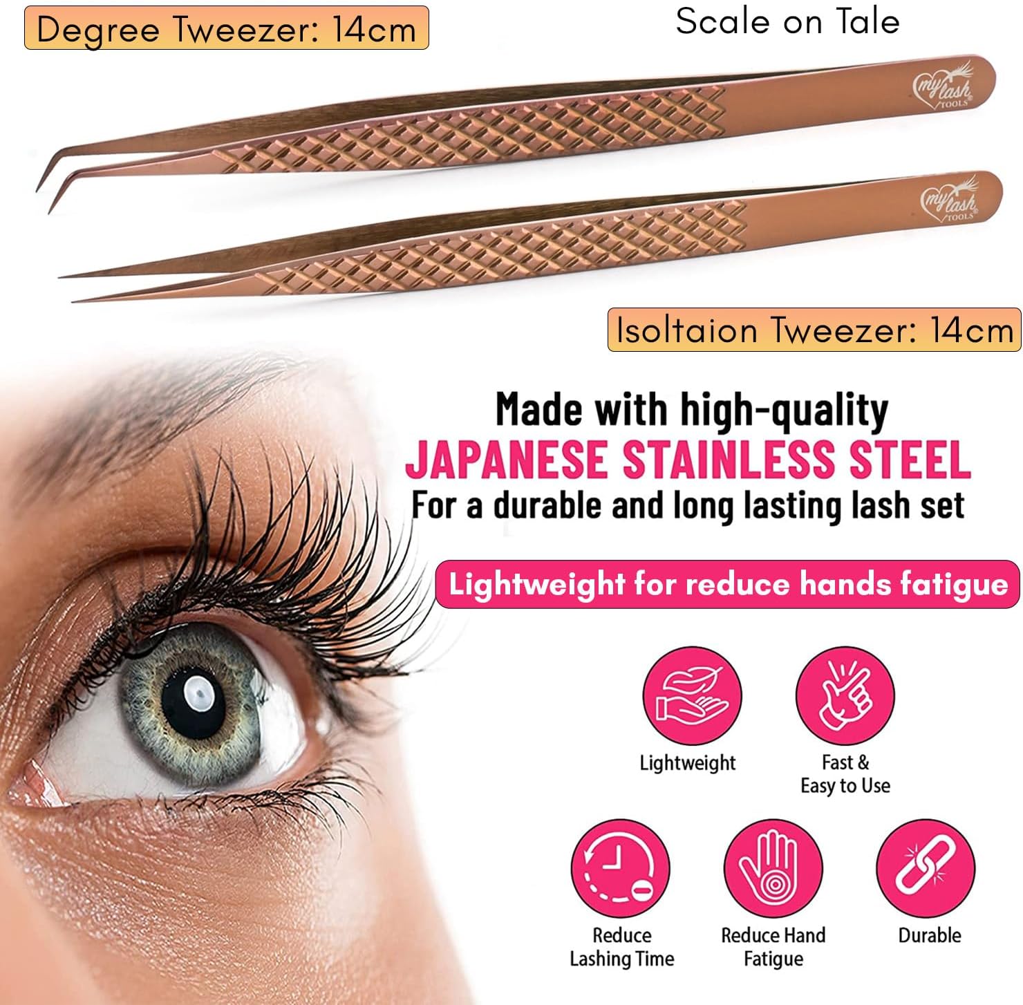 2pcs Curved & Straight Isolation Tweezers for Eyelash Extensions – 14cm Stainless Steel, Copper color Tweezer Set, Best for Classic & Individual Lashes, Professional Pinzas para Pestaña-FemmiqueWomen