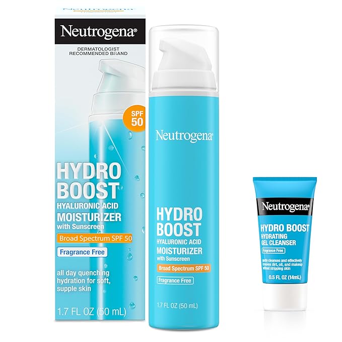 Neutrogena Hydro Boost Hyaluronic Acid Hydrating Face Moisturizer With SPF 50, Fragrance Free Facial Moisturizer, 1.7 fl. oz, & Trial Size Hydro Boost Facial Cleanser, 0.5 fl. oz-FemmiqueWomen