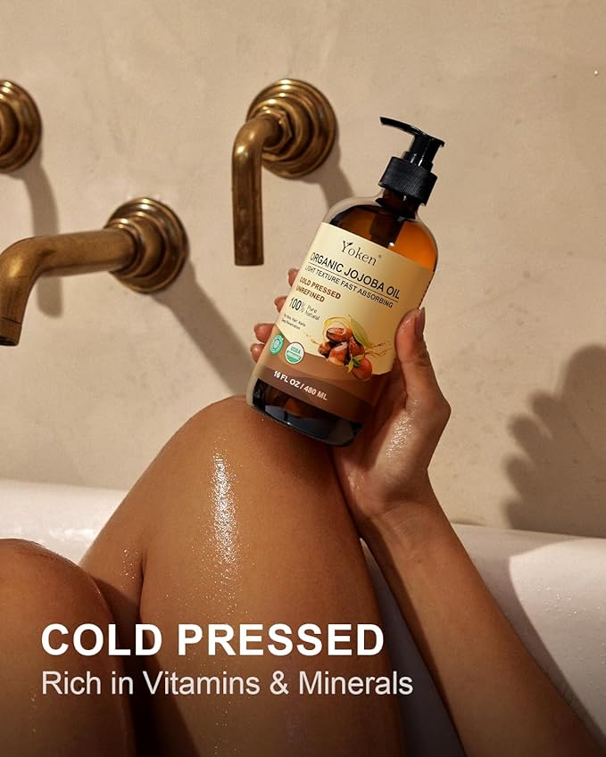 Yoken Organic Jojoba Oil Glass Bottle 16 fl oz, USDA Certified 100% Pure & Natural Jojoba Oil for Hair, Skin & Face, Cold Pressed Unrefined Hexane Free, Deeply Moisturizing Body Serum for Gua Sha-FemmiqueWomen