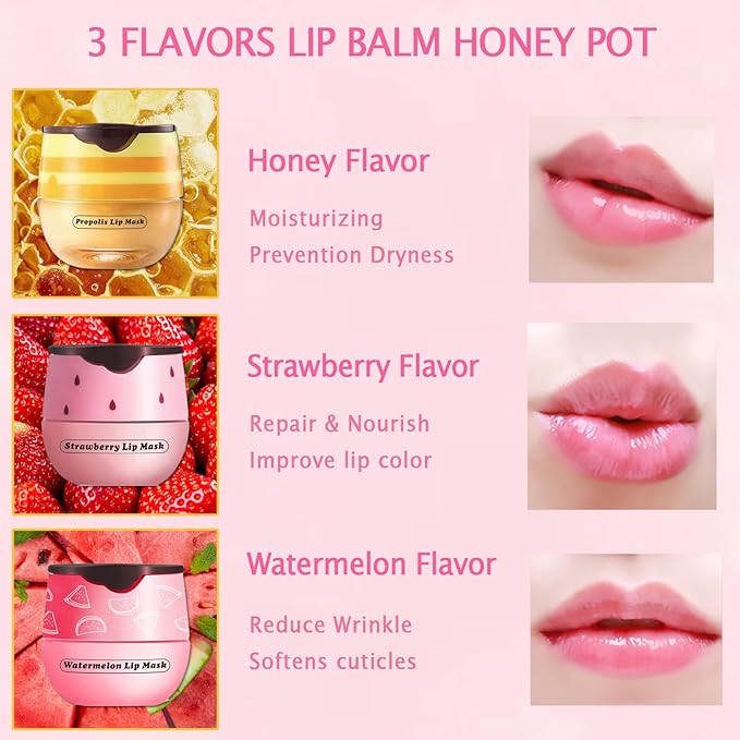 3 PCS Bee Lip Mask Honey Pot Lip Balm,Strawberry Watermelon Lip Mask Overnight Hydrating Dry and Crack Lip Scrubs Exfoliator Propolis Lip Sleeping Mask (Strawberry & Watermelon & Honey)-FemmiqueWomen