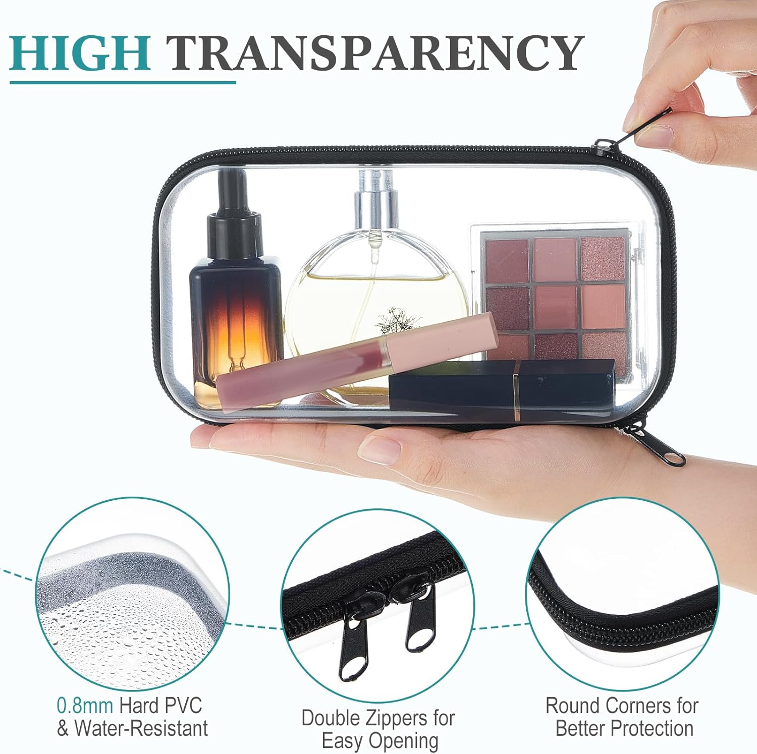 Hoolerry 4 Pcs Hard Clear Zipper Case Makeup Bags Plastic Pencil Pouch Transparent Storage Box Containers for Cosmetics, Snacks, Building Blocks, Puzzles(Black and White,7.5 x 3.9 x 2 in)-FemmiqueWomen