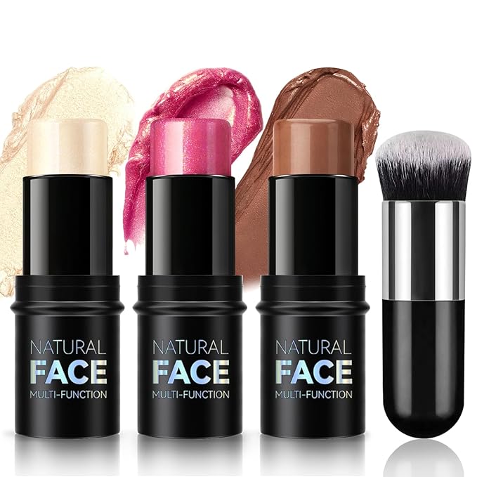 3Pcs Contour Highlighter Cream Blush Stick for Cheeks Eyes Lips Lightweight Dewy Finish Blush Stick Waterproof Long Lasting Contour Stick Trio Wand Face Makeup Set for Girls and Women (1+3+4)-FemmiqueWomen