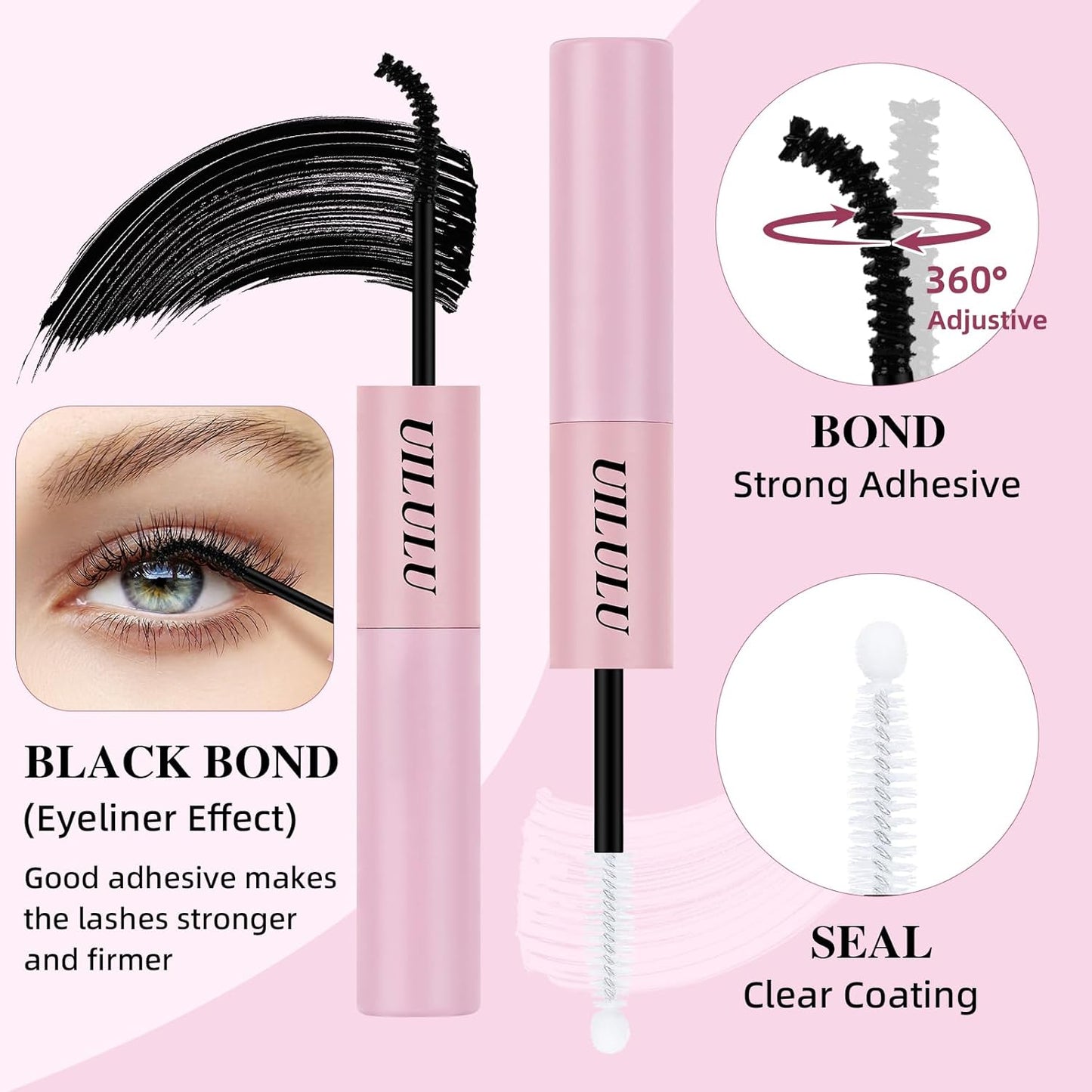 Lash Bond and Seal - 2-in-1 Lash Glue (5ml) & Sealer (5ml) for DlY Lash Extensions at Home, Waterproof Eyelash Adhesive for Cluster& Individual Lashes, Black Bond Eyelash Glue with Strong Hold-FemmiqueWomen