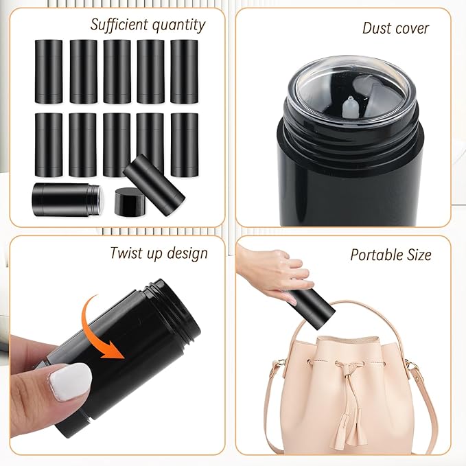 12 Pieces 15g Black Plastic Deodorant Containers,Empty 1/2 oz Travel Lip Balm Tubes,Refillable Twist-UP Solid Perfume Tubes,Lipstick Tubes for DIY-FemmiqueWomen