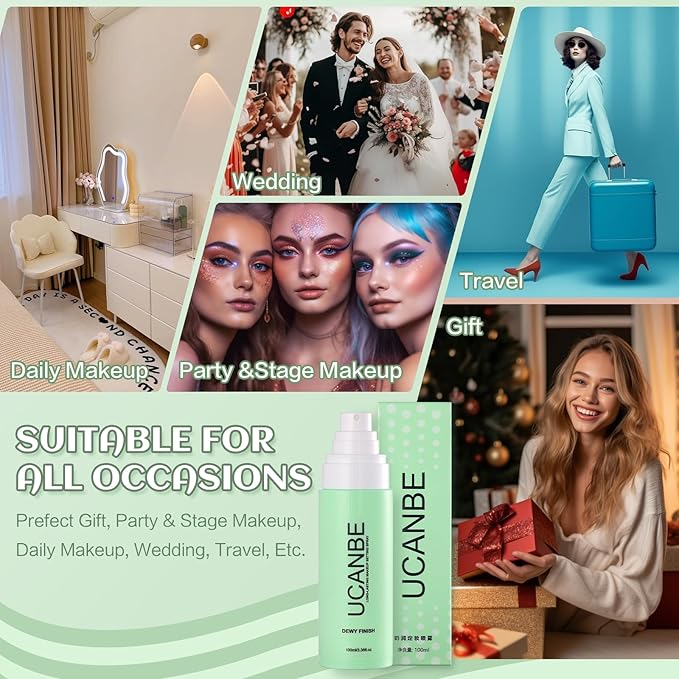 Dewy Makeup Setting Spray Kit-3.38 Fl oz Hydrating Illuminating Finishing Spray Lightweight Face Mist All Day Long Make up Fixer +2PCS Sponge Puff, Hydrate Skin for a Bright Look-FemmiqueWomen