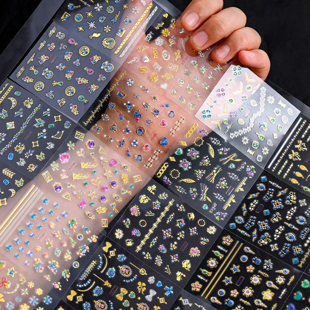 30 Sheets Gem Star Nail Stickers 3D Self Adhesive Luxury Blue Gems Theme Nail Art Charms Sticker Decals for Crafts Supplies Accessories (ST-BG)-FemmiqueWomen